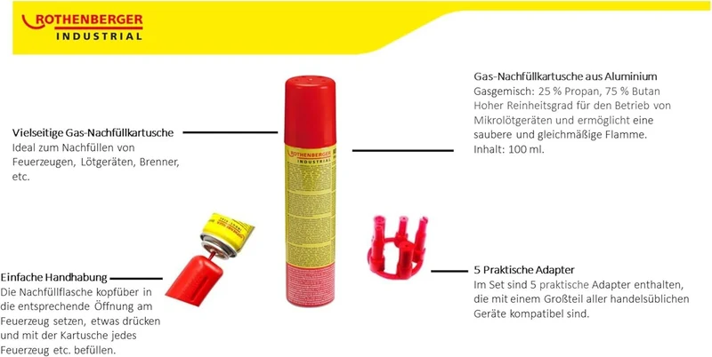 Rothenberger Industrial 4x Nachfüllgas 100 ml – Universal Feuerzeuggas + 5