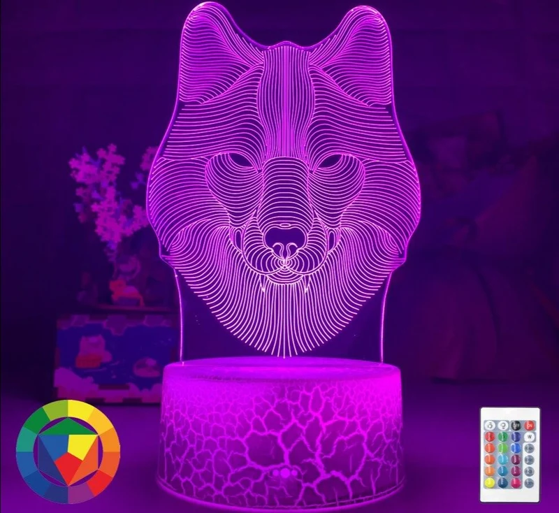 Deko Lampe Nachtlicht mit Wolf Motiv - Leuchtet in verschiedenen Farben