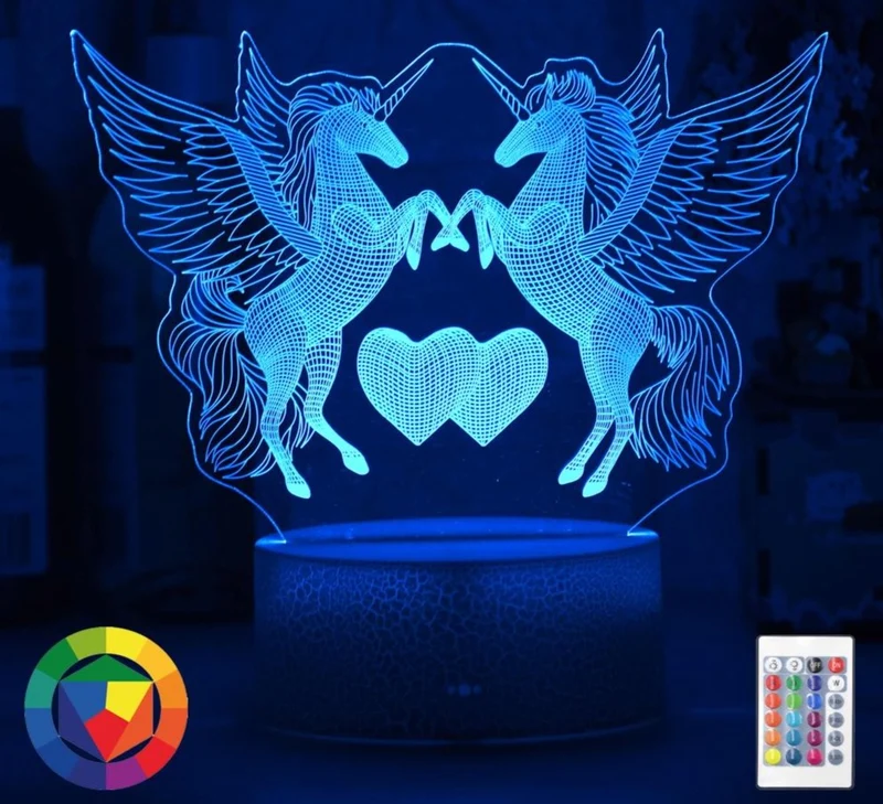 Romantische Lampe Nachtlicht Deko Licht mit Doppel Einhorn und Herz Motiv