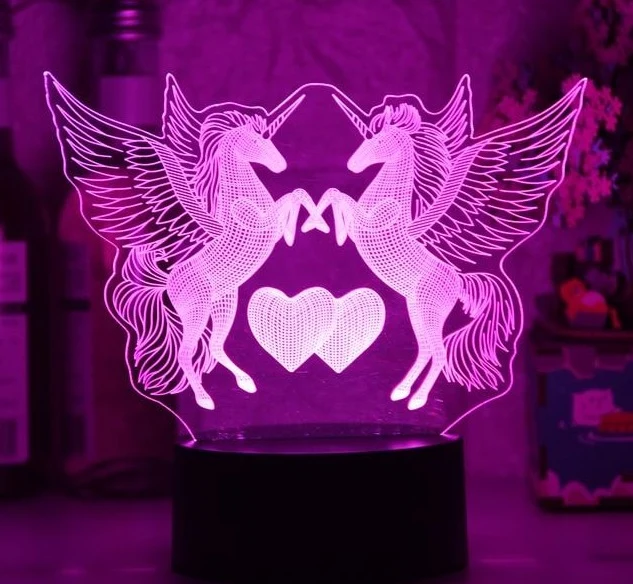 Romantische Lampe Nachtlicht Deko Licht mit Doppel Einhorn und Herz Motiv
