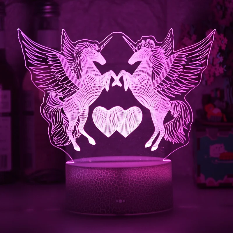 Romantische Lampe Nachtlicht Deko Licht mit Doppel Einhorn und Herz Motiv