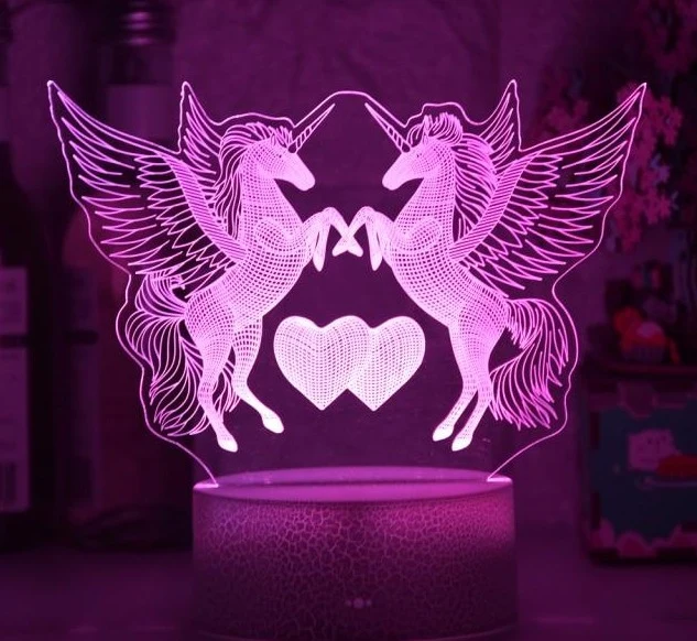 Romantische Lampe Nachtlicht Deko Licht mit Doppel Einhorn und Herz Motiv