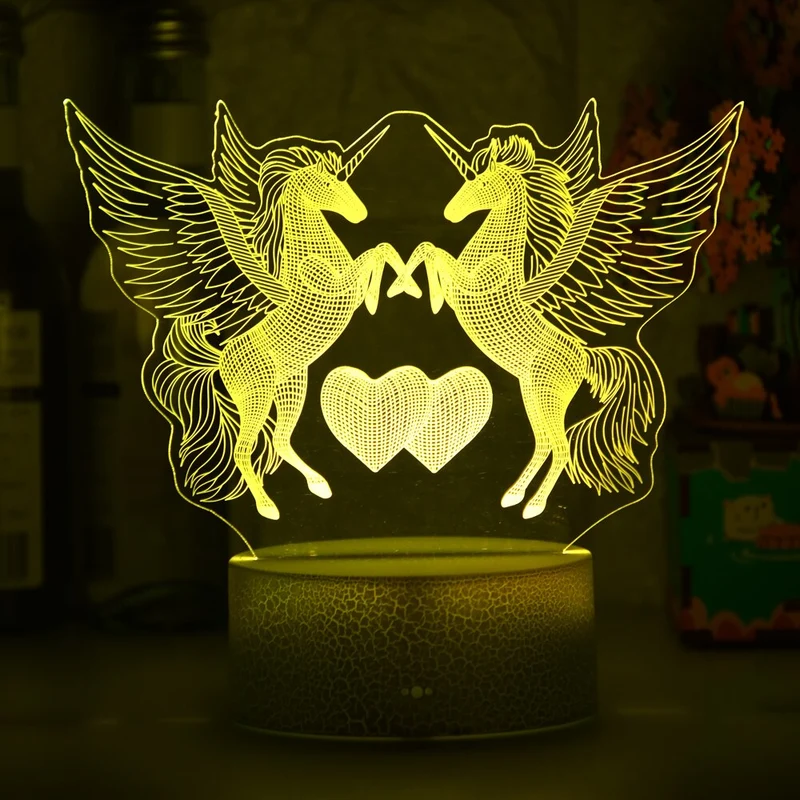 Romantische Lampe Nachtlicht Deko Licht mit Doppel Einhorn und Herz Motiv
