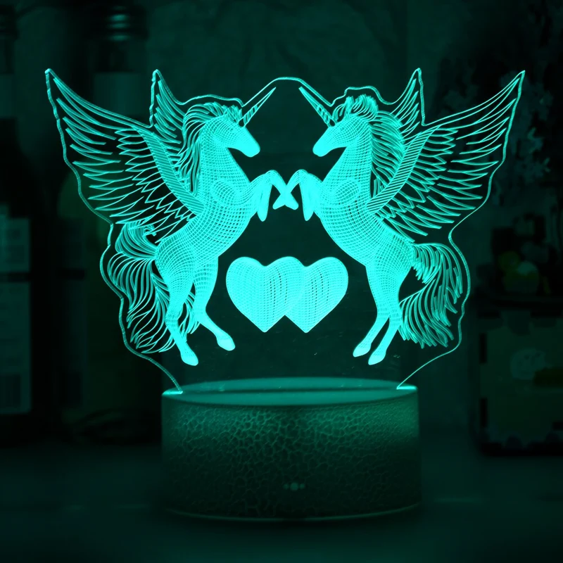 Romantische Lampe Nachtlicht Deko Licht mit Doppel Einhorn und Herz Motiv
