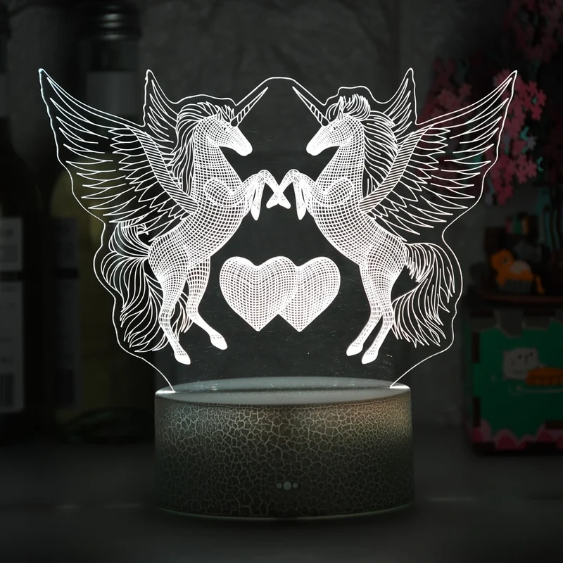 Romantische Lampe Nachtlicht Deko Licht mit Doppel Einhorn und Herz Motiv