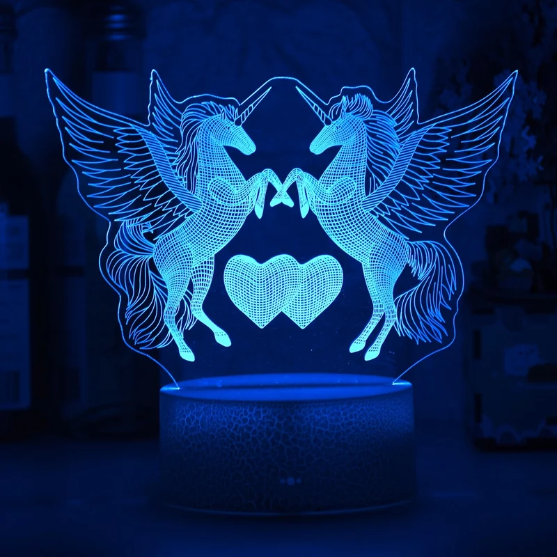 Romantische Lampe Nachtlicht Deko Licht mit Doppel Einhorn und Herz Motiv