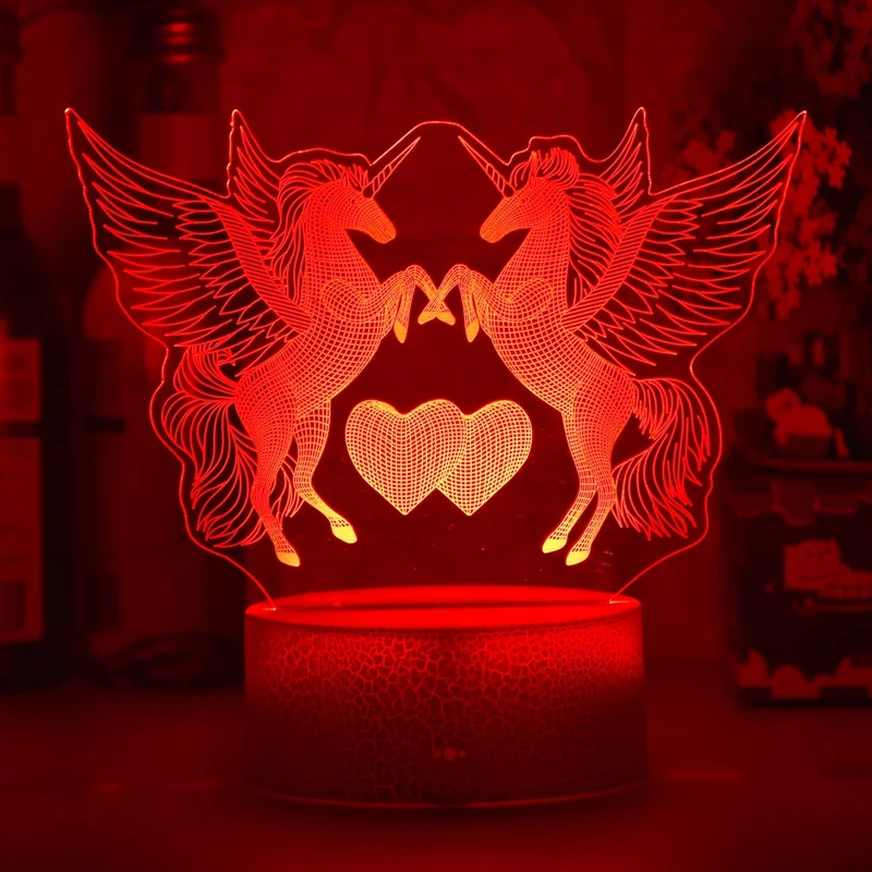 Romantische Lampe Nachtlicht Deko Licht mit Doppel Einhorn und Herz Motiv
