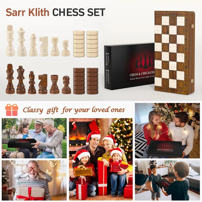 Magnetisches Schachspiel 2in1 Holz klappbar 39cm mit Dame Set für Kinder & Erwachsene