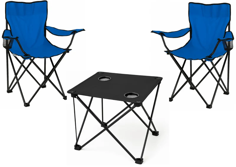 2x Klappstuhl Blau + 1x Campingtisch Schwarz Set – Faltbar mit Getränkehalter