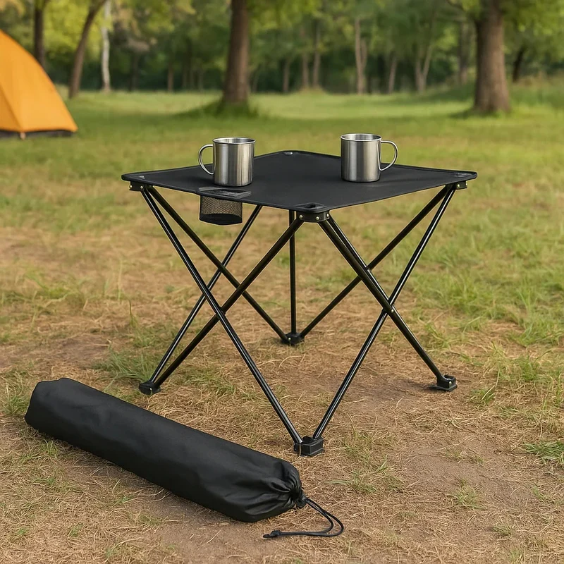 2x Klappstuhl Blau + 1x Campingtisch Schwarz Set – Faltbar mit Getränkehalter
