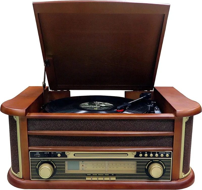 Plattenspieler Retro CD Player Radio USB AUX Stereoanlage Lautsprecher Holz