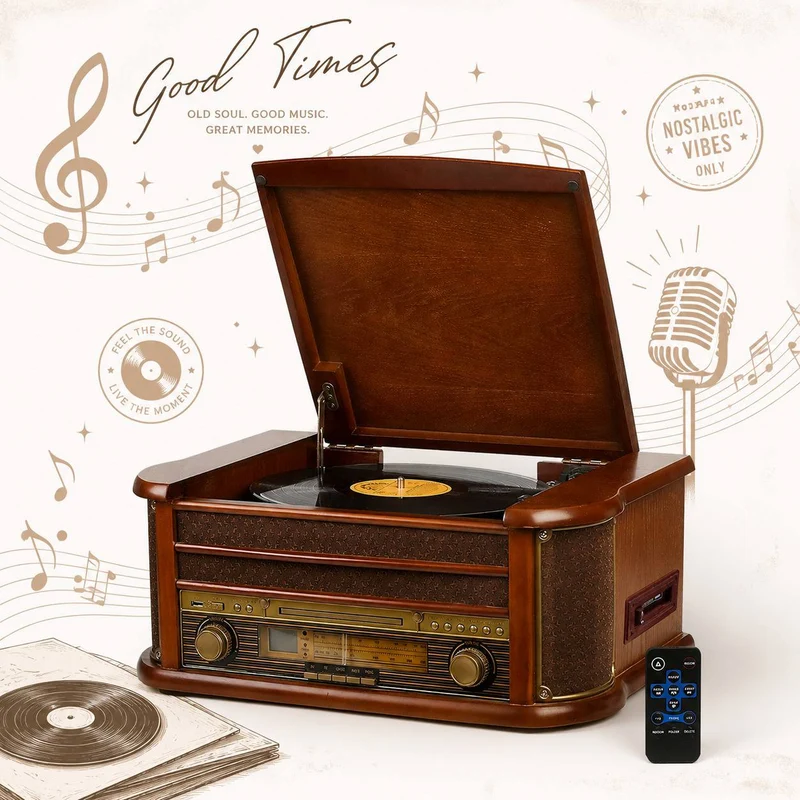 Plattenspieler Retro CD Player Radio USB AUX Stereoanlage Lautsprecher Holz