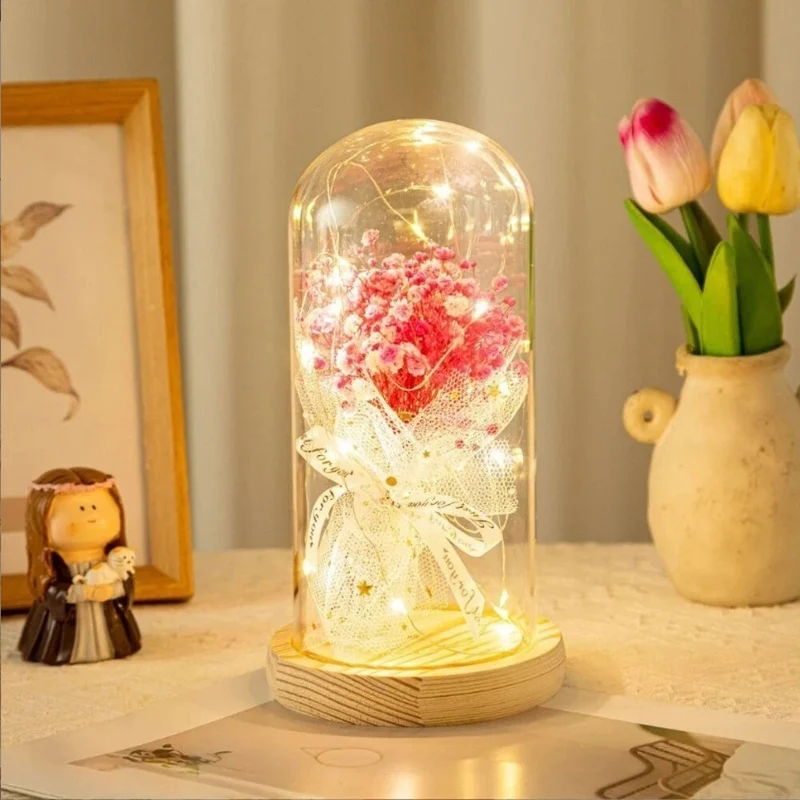 Rosa Schleierkraut Blumenstrauß in Glaskuppel mit LED – Geschenkidee🌸🌸🌸