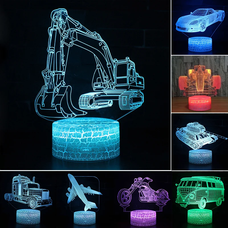 Bagger Nachtlicht, Lampe mit Bagger oder Auto Motiv 3D Effekt und Farbwechsel