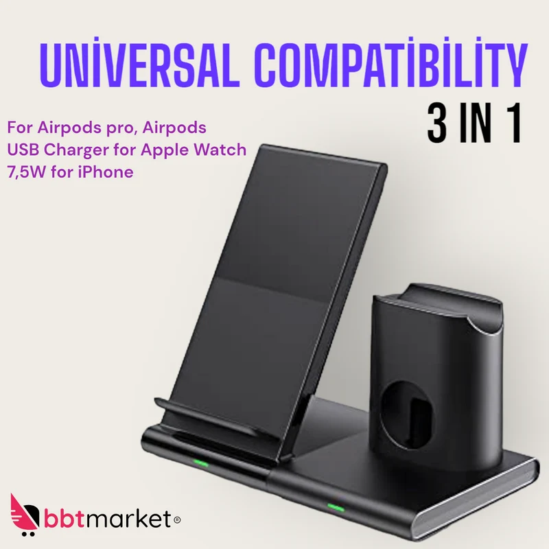 3 in 1 Qi Wireless Ladegerät – Schnellladestation für Smartphone, Uhr & Kopfhörer