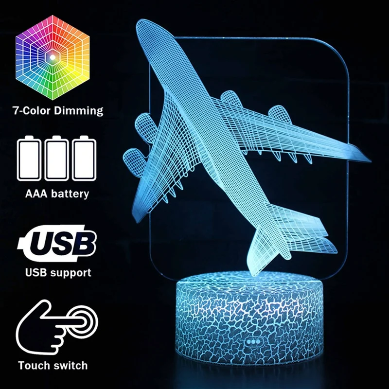 Nachttischlampe mit Flugzeug Motiv, 3D Effekt und Fernbedienung