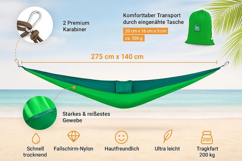 Hängematte Fallschirmseide Hängeliege Schaukel Liege | 2 Typen & viele Größen