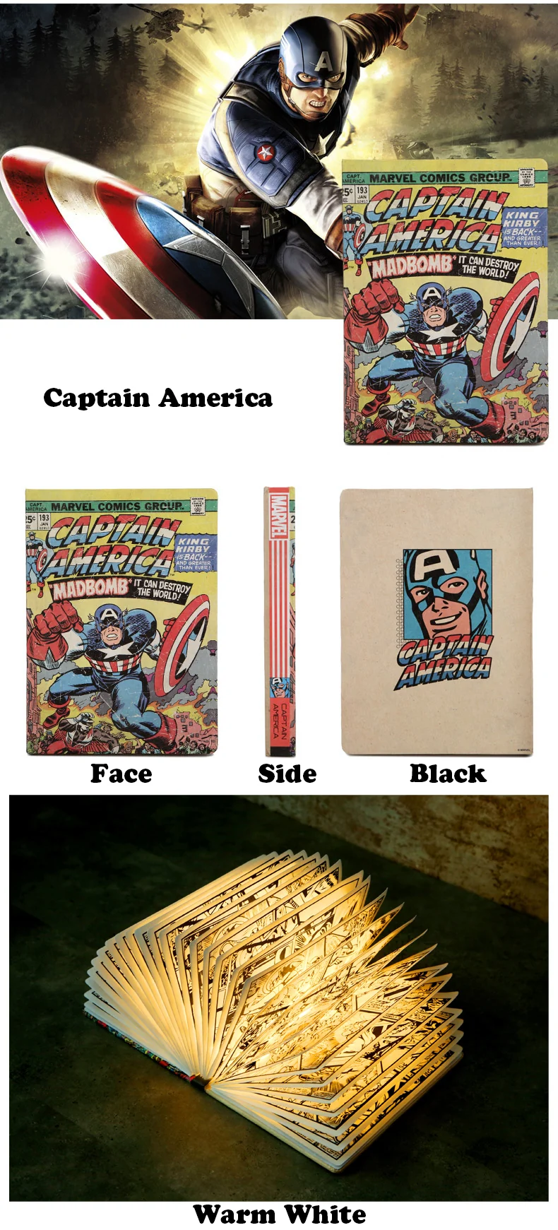 Captain America Nachtlicht, Lampe im Comic Heft Look zum auffächern