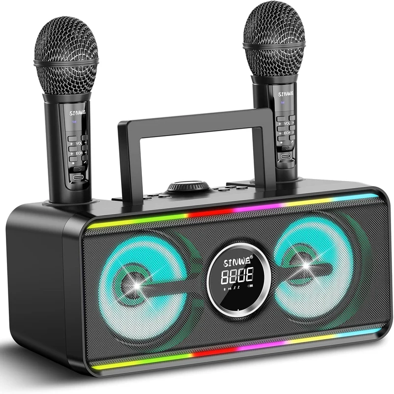 Karaoke Maschine mit 2 Funkmikrofonen, LED PA Lautsprecher, Bluetooth, USB