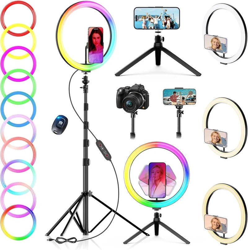 12 Zoll RGB Ringlicht mit Stativ 186cm dimmbar LED mit Handyhalter Bluetooth