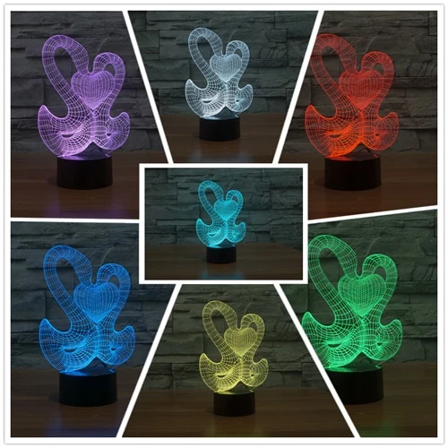 Magische 3D LED Lampe - Schwan und Herz - Mit Fabrwechsel Effekt