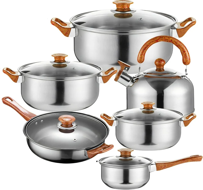 Topfset 12 teilig Edelstahl Kochgeschirr Set mit Glasdeckel Pfanne