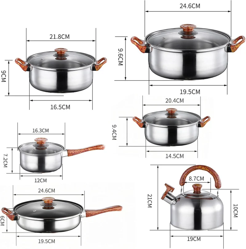 Topfset 12 teilig Edelstahl Kochgeschirr Set mit Glasdeckel Pfanne