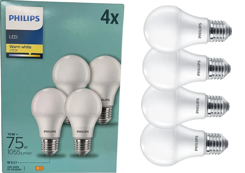 Philips LED E27 10W Warmweiß 2700K – 75W Ersatz, 1055lm, 4er Set, 15000h Lebensdauer