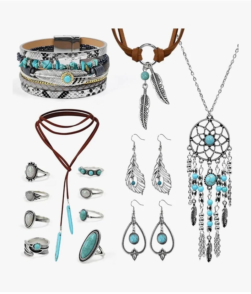 Boho Schmuck Set Türkis Damen Vintage Kette Ohrringe Ringe 14 teilig Geschenk Set