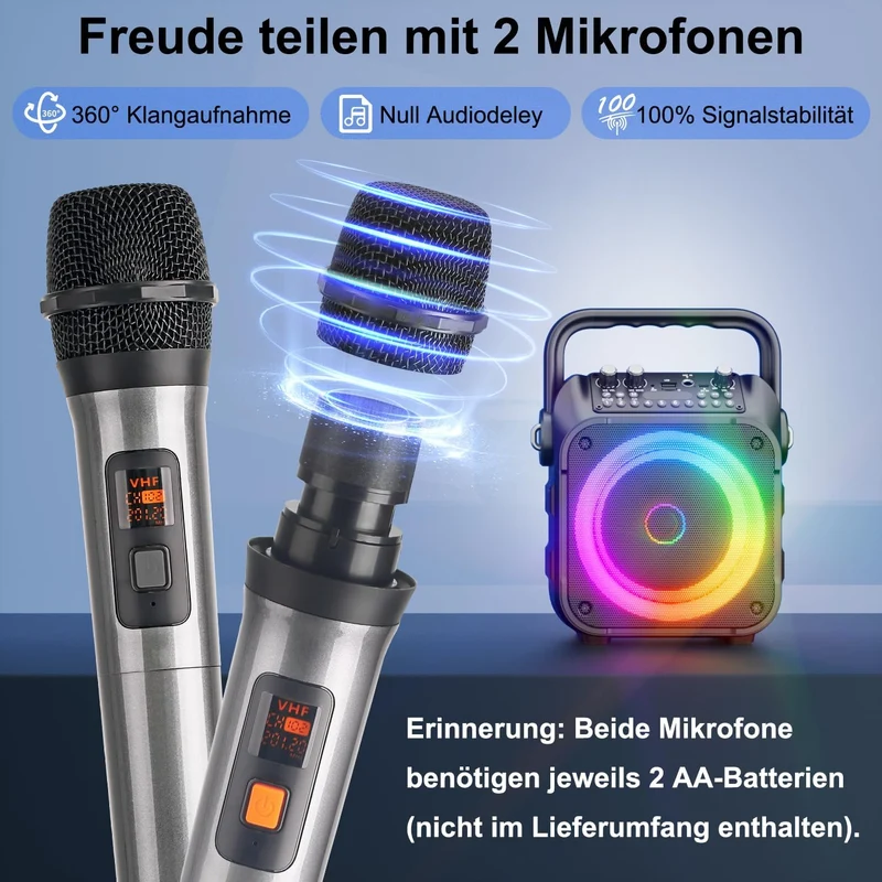 Tragbare Karaoke Maschine mit 2 Kabellosen Mikrofonen & LED – Bluetooth Lautsprecher schwarz
