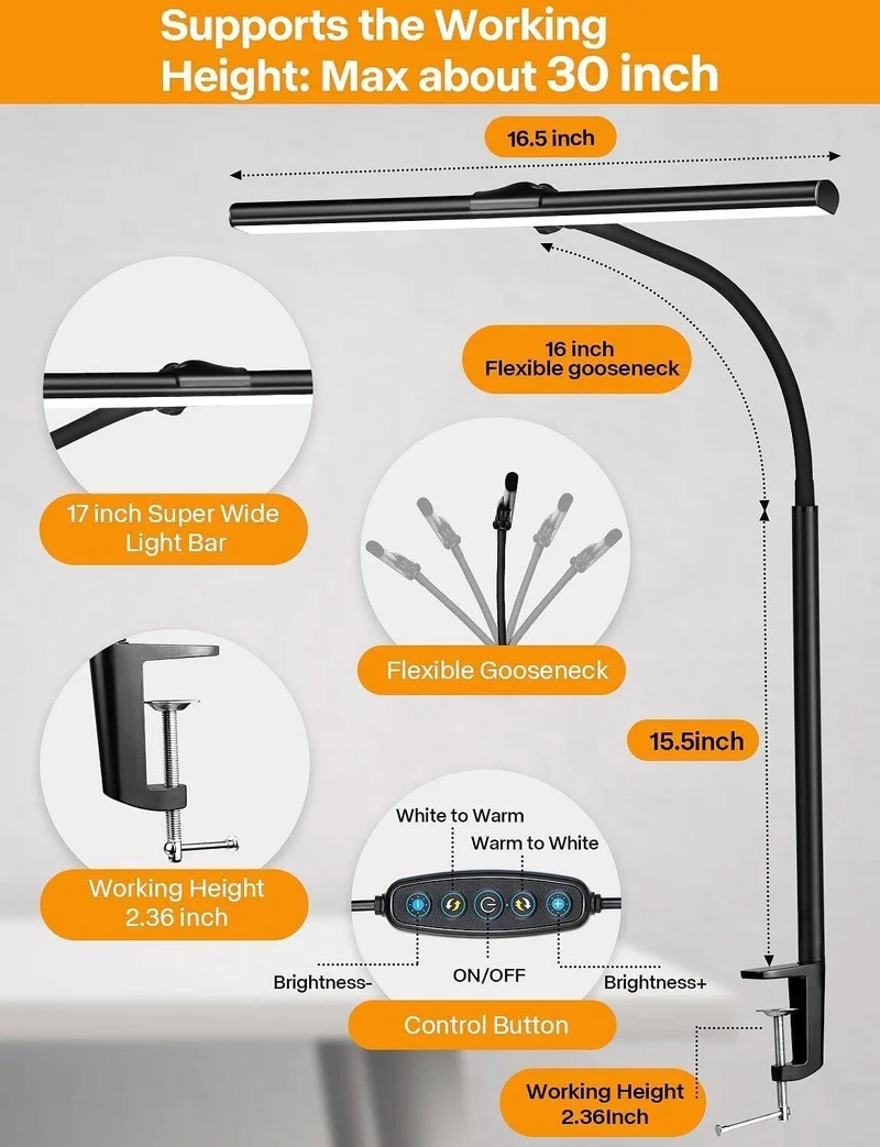 LED Schreibtischlampe klemmbar & dimmbar – 5 Farbtemperaturen, 5 Helligkeitsstufen, Schwanenhals Monitorlampe mit USB
