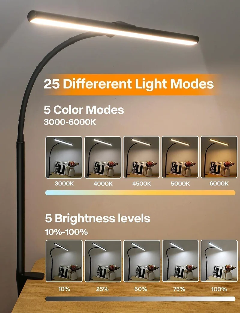 LED Schreibtischlampe klemmbar & dimmbar – 5 Farbtemperaturen, 5 Helligkeitsstufen, Schwanenhals Monitorlampe mit USB
