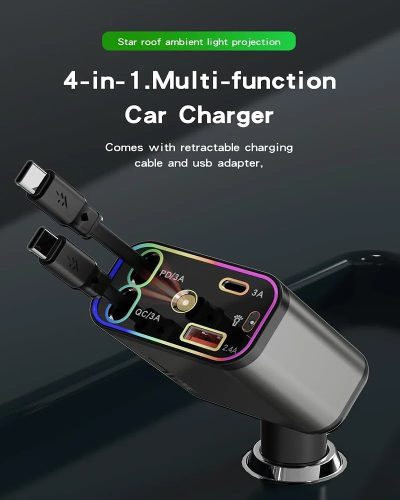 4-in-1 KFZ USB-C Ladegerät 69W – Schnelllade Auto Adapter mit Sternenhimmel
